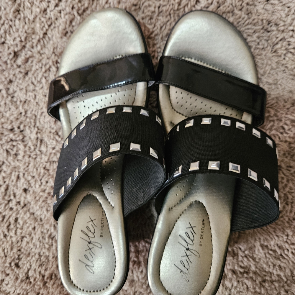 dexflex comfort Black Slide Sandals with Silver Stud Accents
